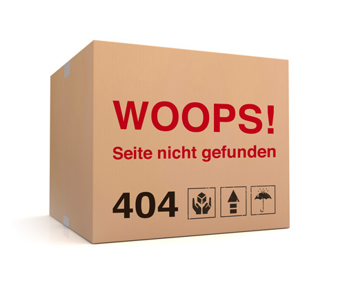 Seite nicht gefunden Umzugskarton mit Beschriftung: WOOPS! Seite nicht gefunden 404