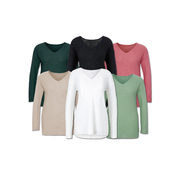 6 Pullover in Dunkelgrün, Weiß, Schwarz, Rosé, Beige und Hellgrün