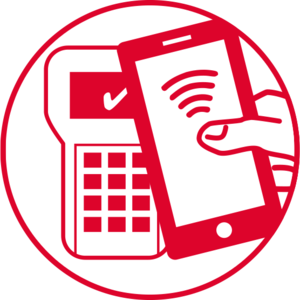 Symbol Smartphone vor Lesegerät, ein Signal bestätigt die Zahlung