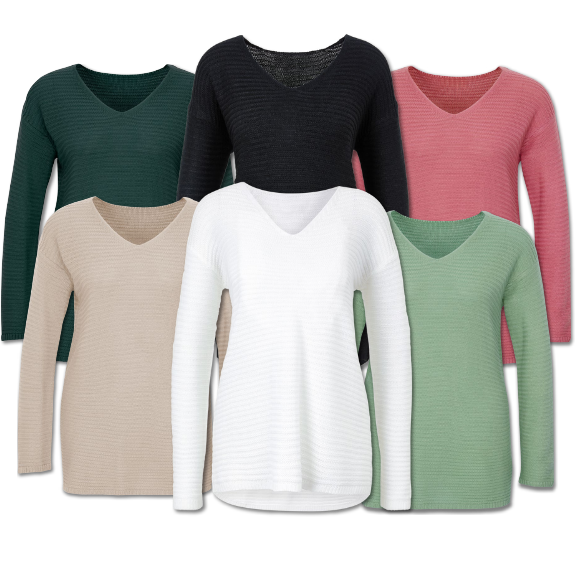 6 Pullover in Dunkelgrün, Schwarz, Rosé, Beige, Weiß und Hellgrün
