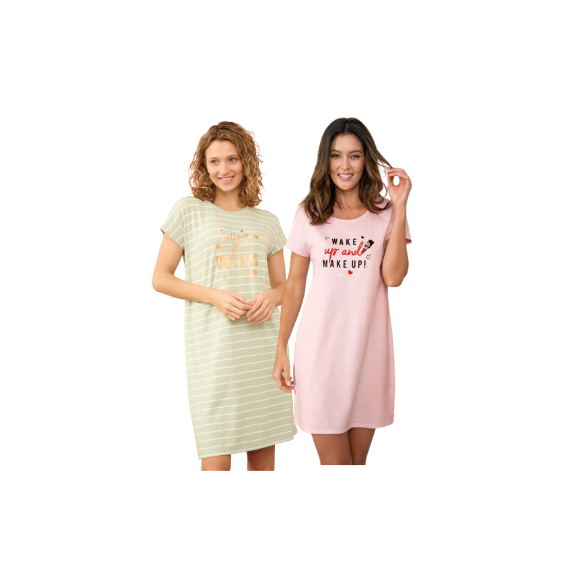 2 Frauen mit je einem bedruckten Bigshirt in Grün und Rosa